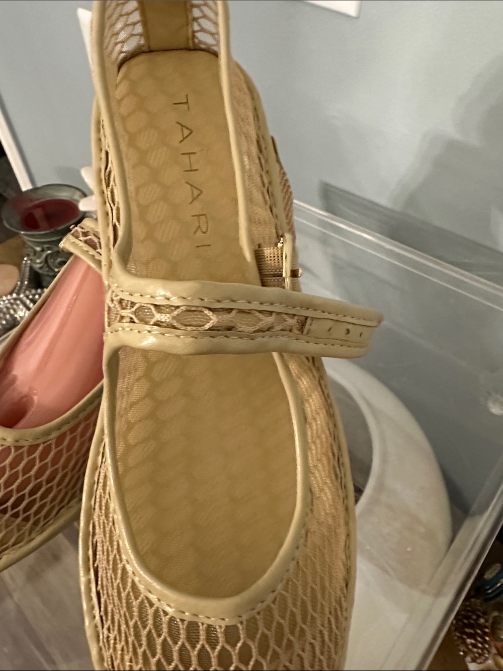 Tahari Beige Mesh Mary Jane Flats
